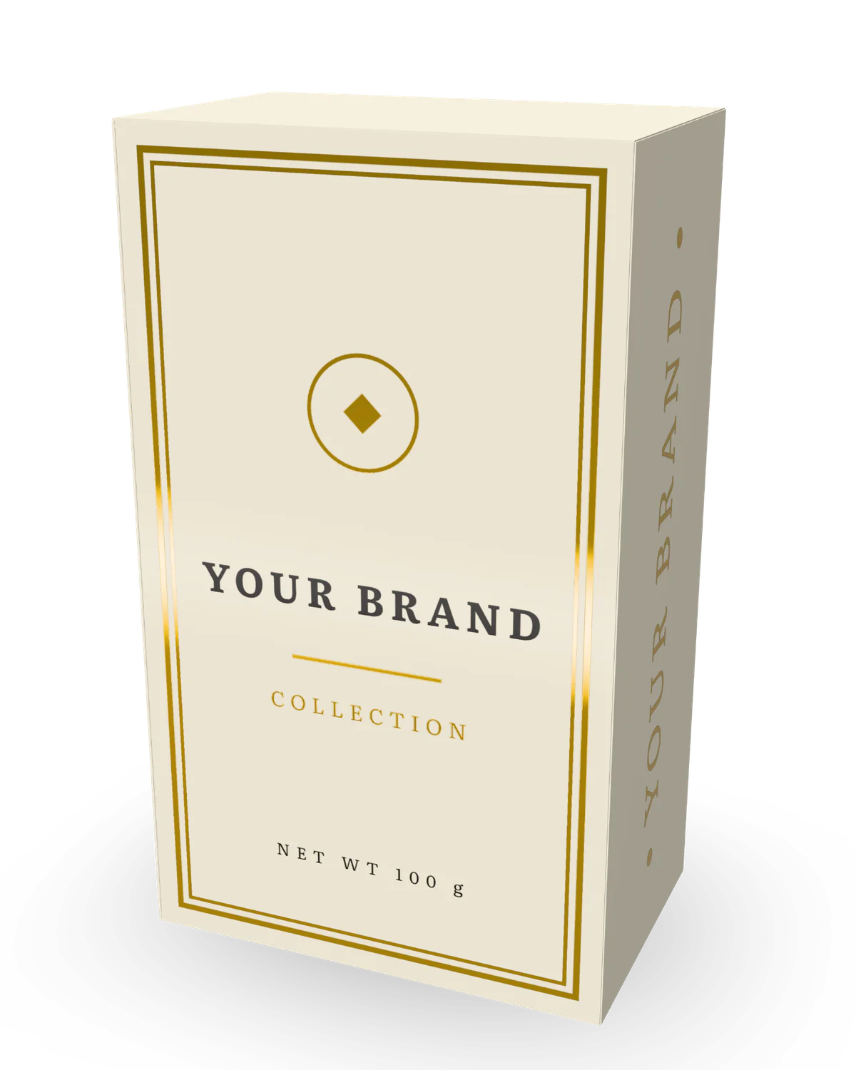 A gold foil frame, emblem and rule on a cream box, catching the light.
