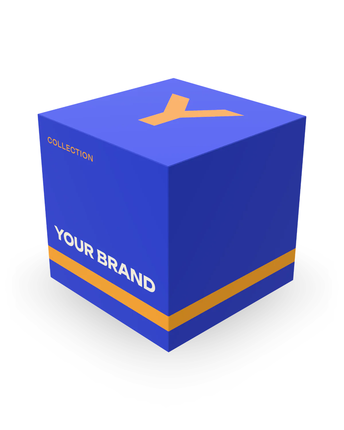A deep blue box with a matte, velvet finish and an orange band round it.